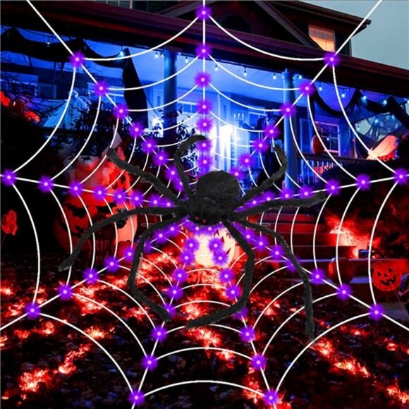 Halloween Decorations, 9FT Diameter Spider Web Lights with Black 4FT Spider - Picture 2 of 7